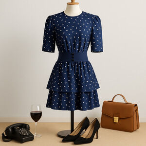 Jenny Vintage 1980s Navy Drop Waist Dress w/ Detachable Flounce Sz 12 (fits 8)